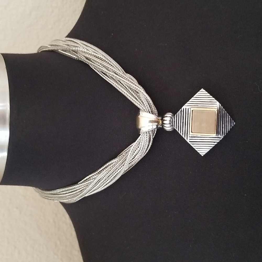 Gold Silver Multi Chain Grooved Diamond Shape Necklace